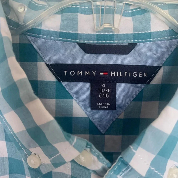 Boys Tommy Hilfiger size 20 teal blue and white check shirt perfect condition - Picture 2 of 4